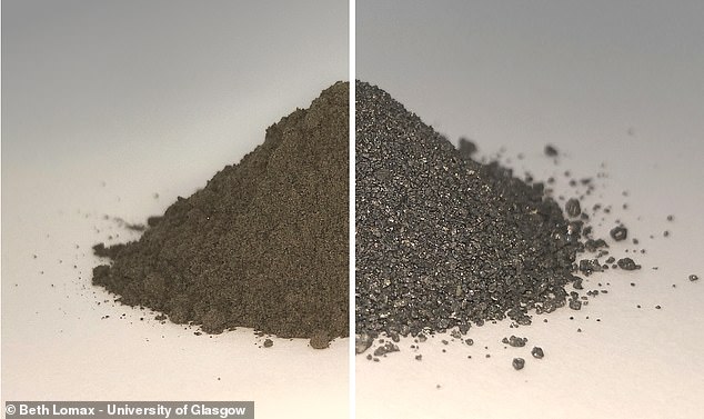 Měsíční regolit (na obrázku vlevo, simulovaný materiál před experimentem) se skládá ze 40-45 % hmotnosti kyslíku, který je jeho nejrozšířenějším prvkem. Po zpracování v experimentu (vpravo) se přemění na použitelné kovové slitiny.